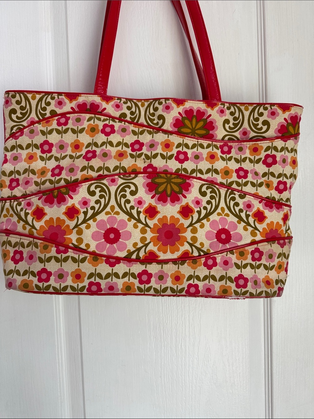 Vera Bradley Pink Orange Floral Canvas Tote with Red Handles